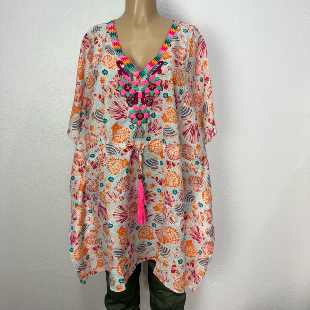 Colorful Floral Womens Top tunic fig & vine embroidered cover up beach vacations